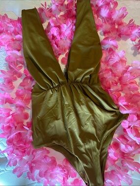 Olive Green/brown Plunging One-Piece Swimsuit